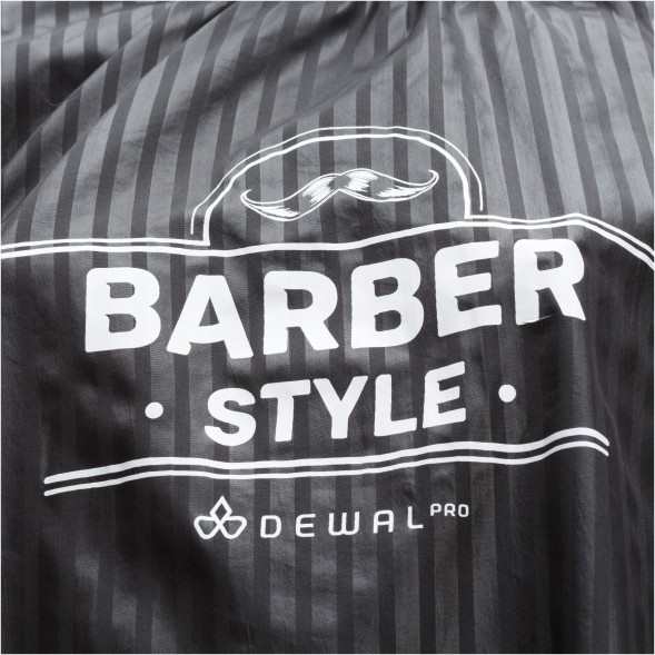 AA02BS Пеньюар для стрижки DEWAL &quot;BARBER STYLE&quot; , полиэстер, полоска  140х158 см, на крючках