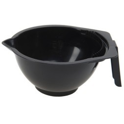 T-1265 Чаша для краски DEWAL, черная, с ручкой, носиком и расческой на бортике, с резинкой на дне 300 мл