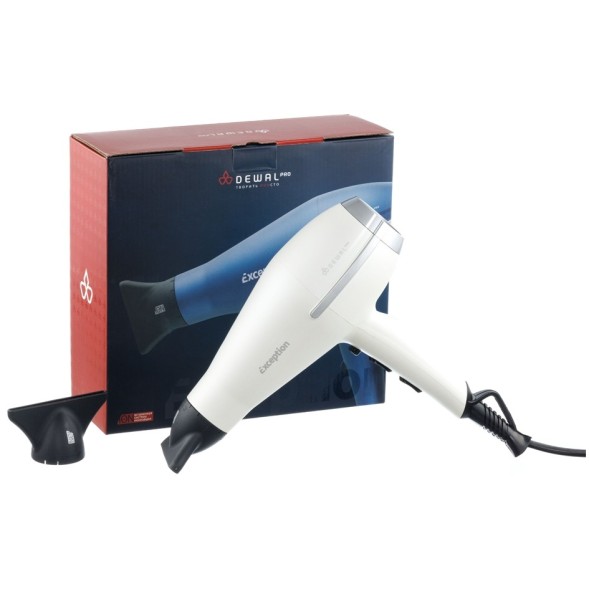 Фен DEWAL EXCEPTION, белый, вес 570гр, 2200Вт, 2 насадки, провод 3м
