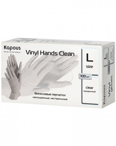 Виниловые перчатки неопудренные, нестерильные «Vinyl Hands Clean» Kapous, прозрачные, 100 шт., L