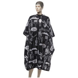 AE02B Пеньюар для стрижки DEWAL "BARBER STYLE", полиэстер, c рисунком , черный, 128х150 см, на крючках